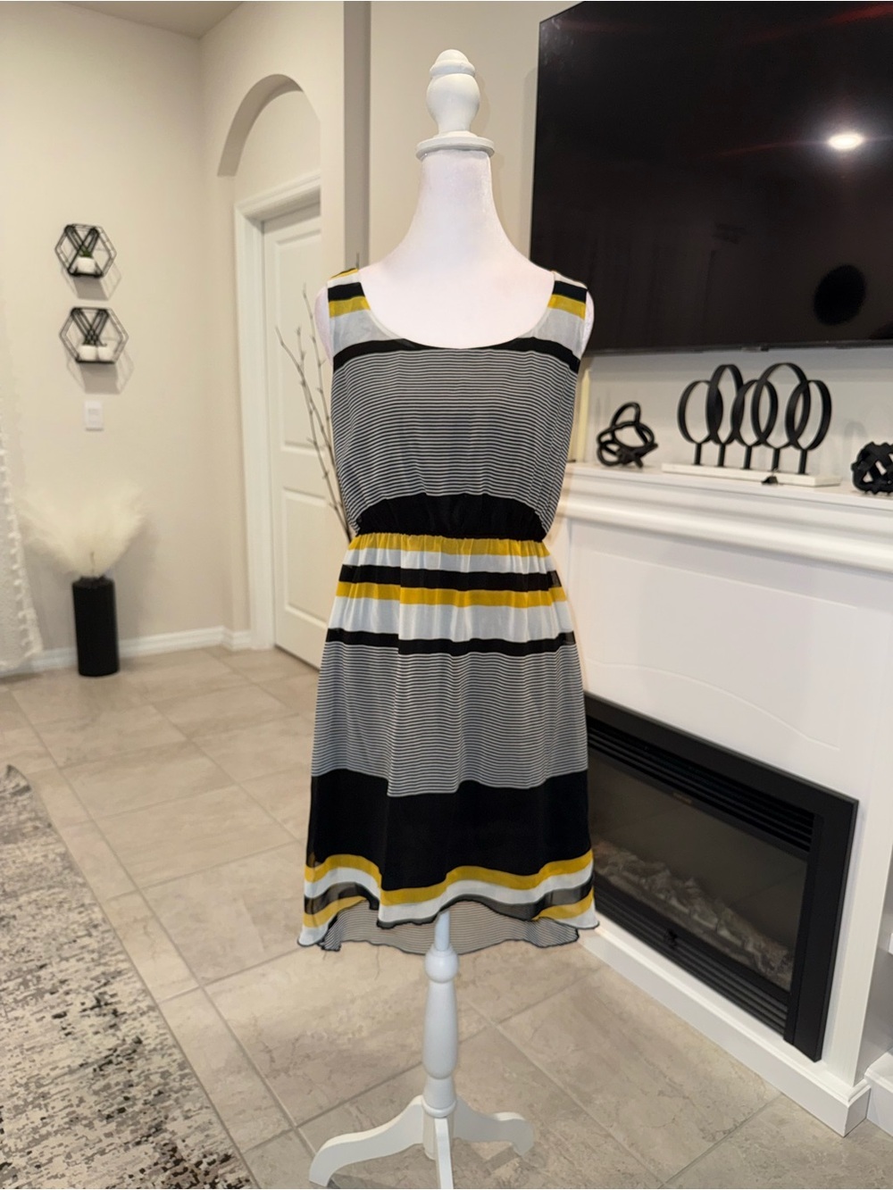 bebe Black, White and Yellow Striped Sleeveless Mini Dress Size S